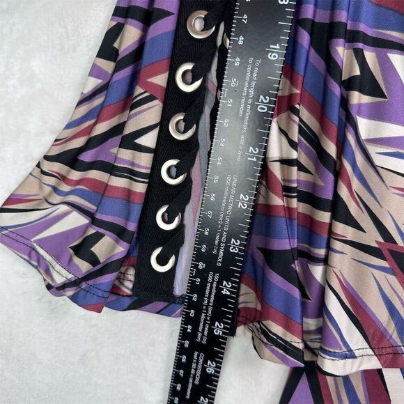 ARIELLA‎ Retro Lace Up Bell Sleeve Purple Geometric Bohemian 1970s Midi Dress S - Picture 9 of 13